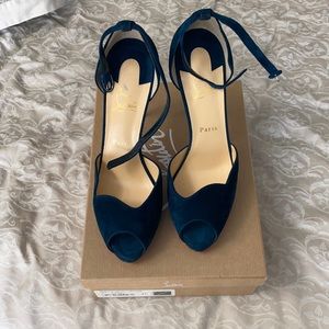Christian Louboutin Teal Suede Peep-Toe Ankle-Strap Heels